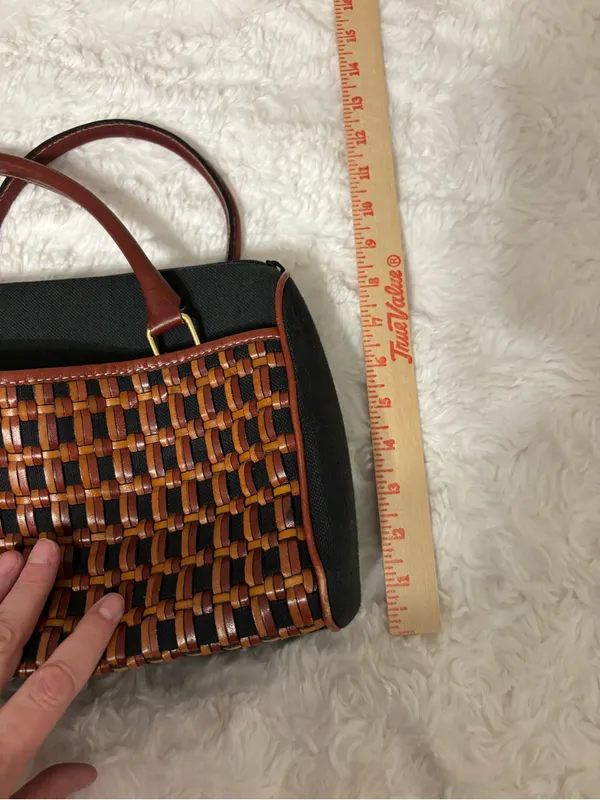 Valerie Stevens Black Brown Woven Leather Handbag Satchel Y2K - Image 6