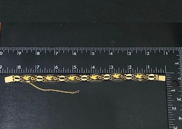 Vintage Damascene Gold-tone Enameled Birds & Flowers Link 8” Bracelet 16.3g - Image 11