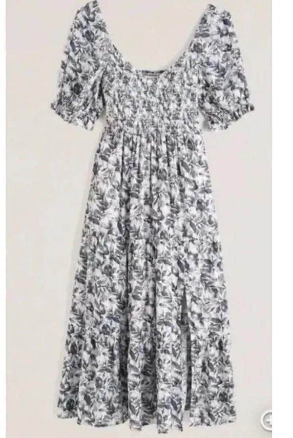 Abercrombie & Fitch Smocked Square Neck Puff Sleeve Midi Dress XS Coastal Beach - Image 2