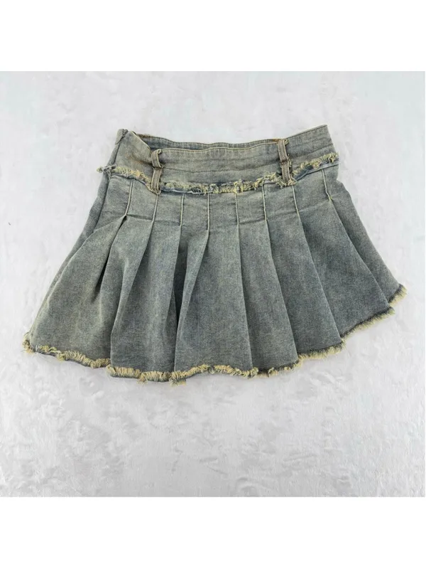 Denim Pleated Mini Skirt Asymmetric Fringed Hem AElfric Eden Sz Small Y2K Inspo - Image 3