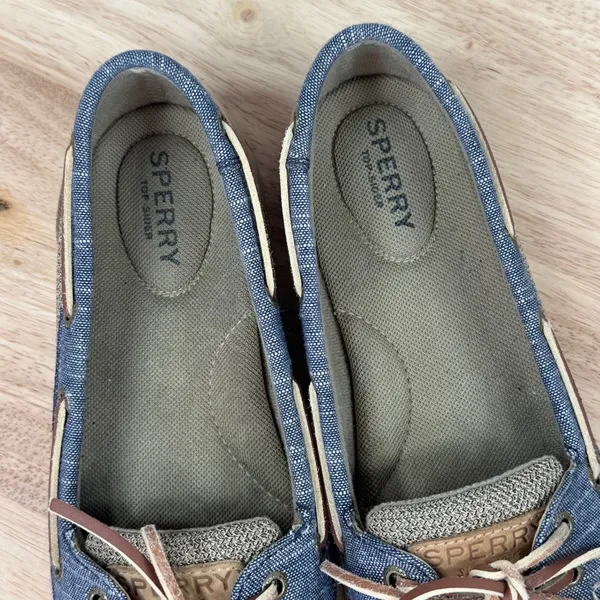 Sperry Top Sider Laguna Leather Canvas Slip On Loafer Boat Shoes‎ Tan Blue 8 - Image 9