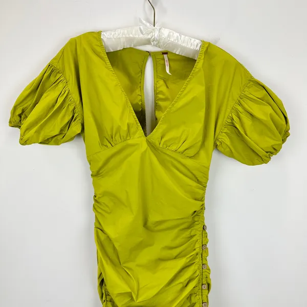 Free People Tastemaker Mini Dress Cotton Ruched Pleated Puff Sleeve Green XS - Image 6