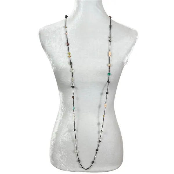 Multicolor Multi Shape Beaded Gold Tone Chain Long Layering Necklace Green - Image 2