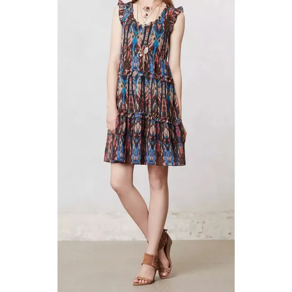 Anthropologie Lili's Closet Sibylline Ikat Tiered Ruffle Dress Womens Small Boho - Image 3