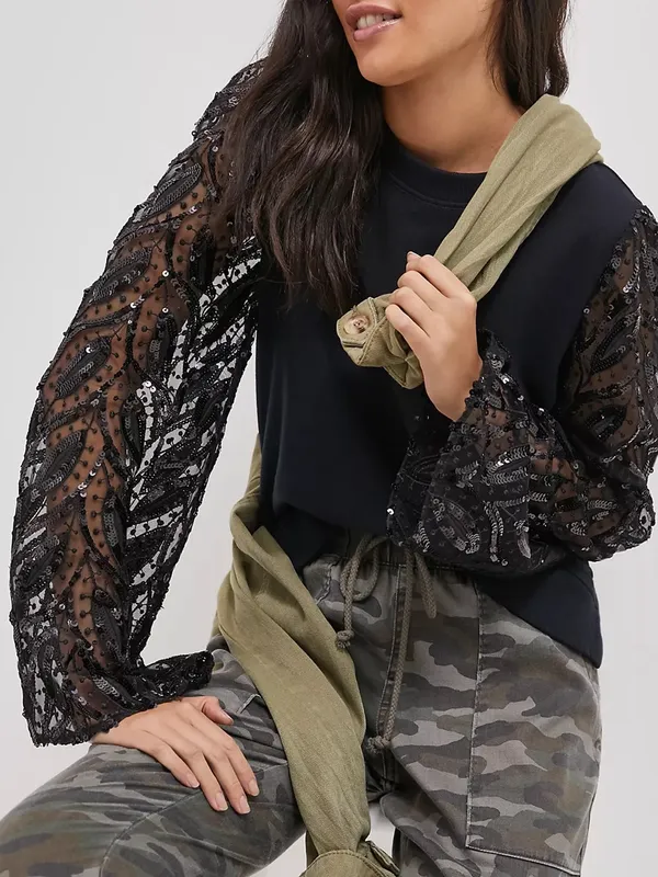 Anthropologie Maeve Black Tasha Lace Sequin Wide Sleeved Crewneck Sweatshirt S - Image 8