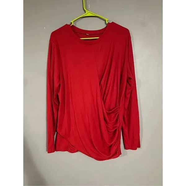 Boutique Red Long Sleeve Cross Front Pleated Hem Smocked Waist Shirt Large - Image 2