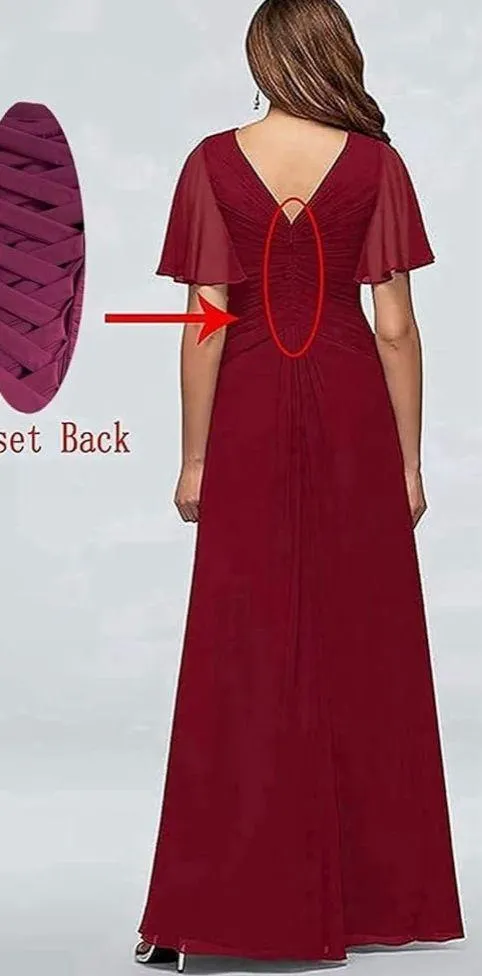 Mother of The Bride Dress V Neck Ruffle Sleeves Ruched Pleated Chiffon - Image 2