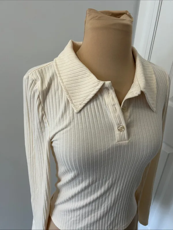 Noisy May Cream Ribbed Long Sleeve Polo Shirt - Image 5