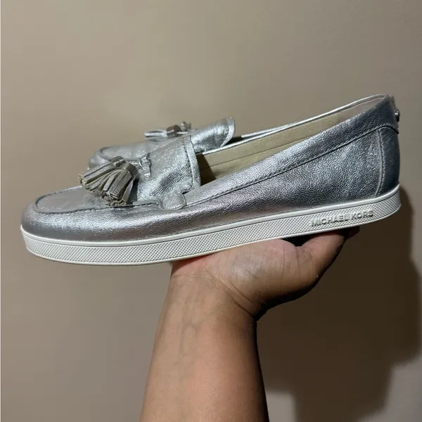 Michael Kors Loafers‎ Size 9 Leather Silver Metallic Callahan Moccasins U - Image 3