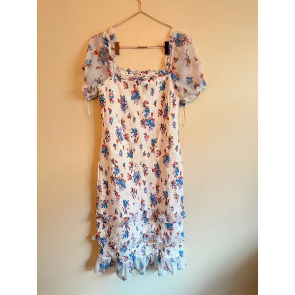Abercrombie & Fitch Dress Womens Large White Floral‎ Smocked Puff Sleeve Ruffle - Image 3