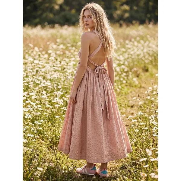 Free People Bohemian Beachy Seersucker Poppy Midi Dress Sundress Blush Medium - Image 2