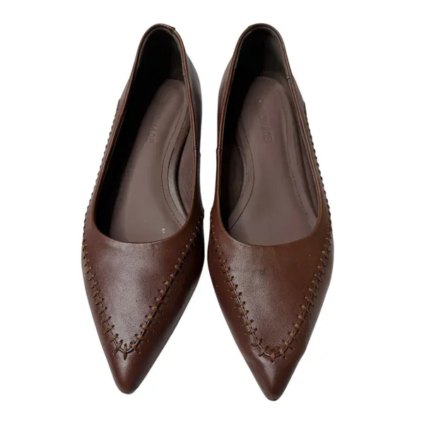 Handmade Brown Leather Pointed Toe Flats Size 6.5 (230) Whipstitch Low Heel - Image 2