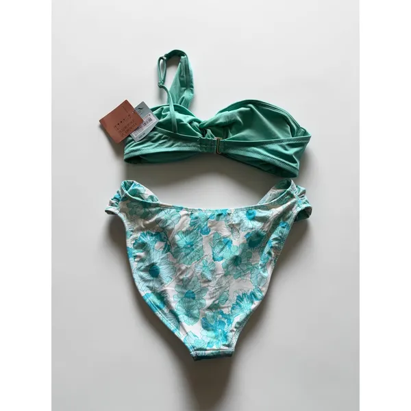 Shade &‎ Shore Turquoise Green One Shoulder Floral Bikini Set NWT Medium 8-10 - Image 2