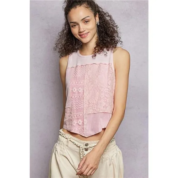 POL Ribbed Round Neck Cropped Tank with Lace Detail‎ - Image 2