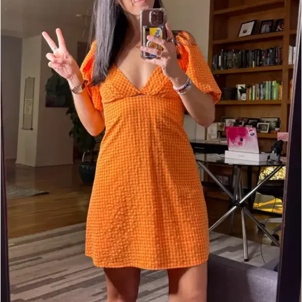 Louna Orange Gingham Mini Dress SMALL Peasant Puff Sleeve Milkmaid Cotton $108 - Image 6