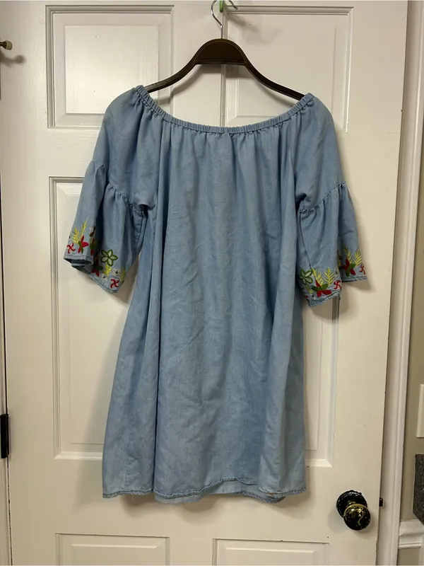 Umgee Light Blue Off-Shoulder Embroidered Dress - Image 4