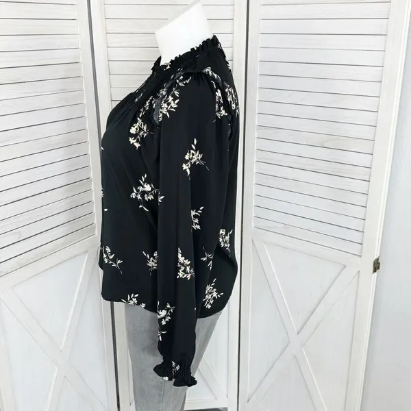 J. Crew Floral Smocked Ruffle Trim Blouse Black‎ Tan Large - Image 2
