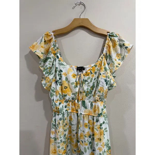 Rachel Zoe Yellow Floral Ruffle Midi Dress Smocked Waist Pockets Womens‎ Size M - Image 4