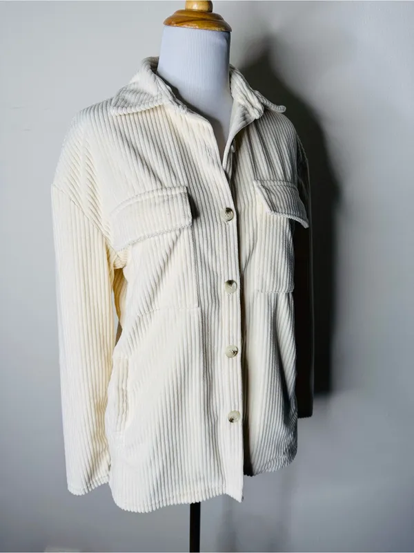 Cream Corduroy Oversized Boyfriend Fit Shacket - Image 2