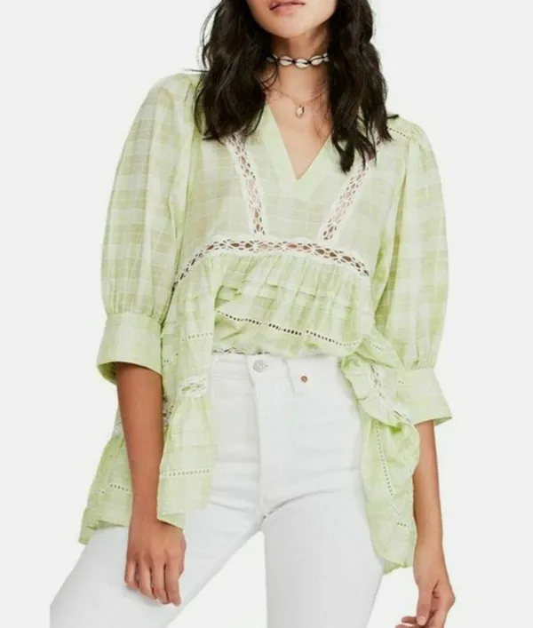 Free People Lime Green Time Out Boho Cottagecore Lace Tunic Top W-690 Size S - Image 2