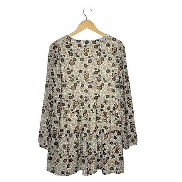 Melloday Babydoll Tunic Top Womens Size Small Tan Floral V-Neck Long Sleeve Boho - Image 2