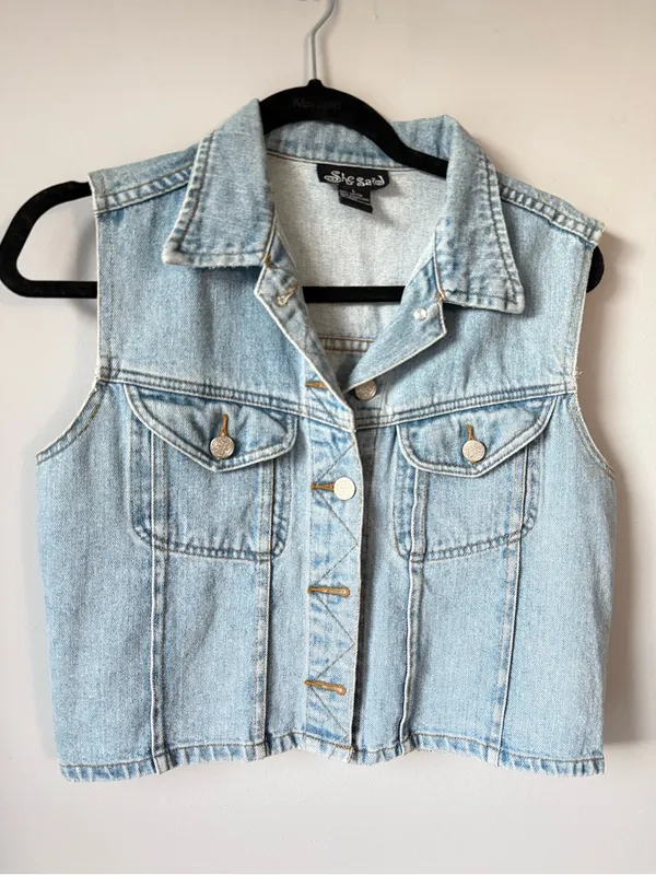 VTG Y2K SHE SAID Denim Vest Jacket Light Blue Light Wash Barn Vest Cotton L - Image 2