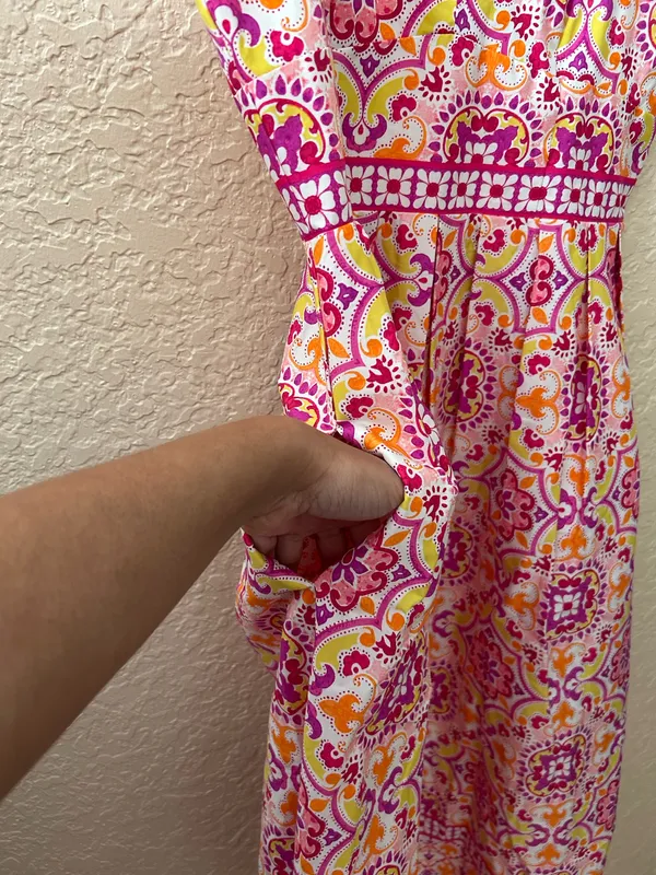 🩷 Maison Tara Medallion Print Midi Dress Size 4 Bright Pink Orange WITH POCKETS - Image 6