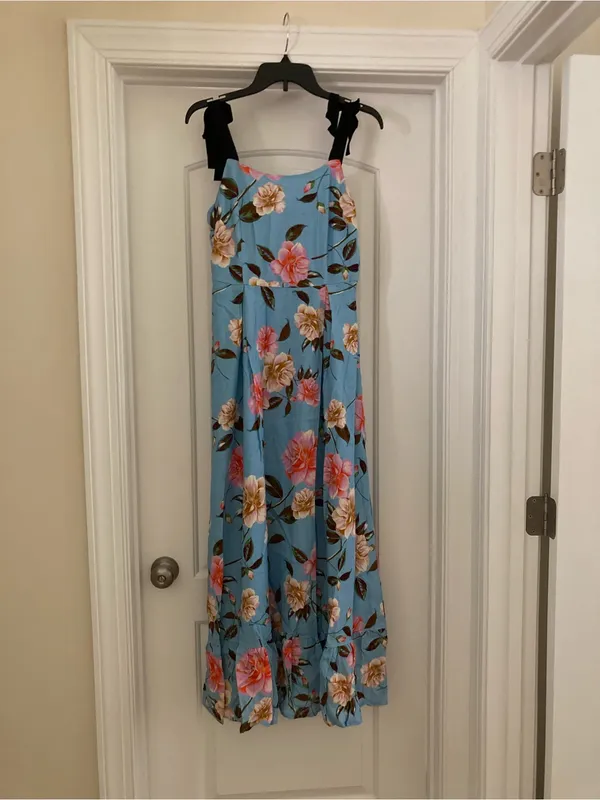 GB Women Powder Blue Floral Maxi Dress with Black Tie Straps - Image 6