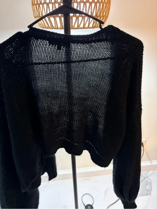 Love Tree Black Cropped Cardigan with Cream Floral Appliqués - Image 5