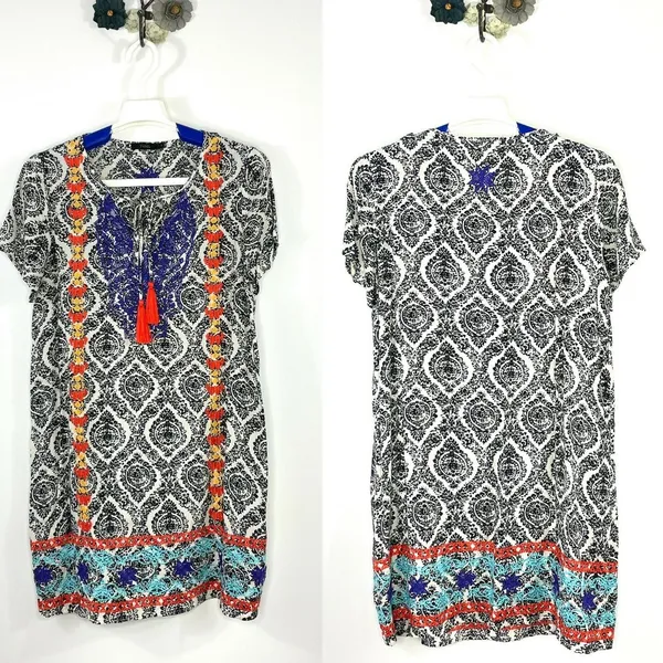 THML Damask Print Multicolor Embroidered Casual Tunic Dress Size Small FLAW - Image 2