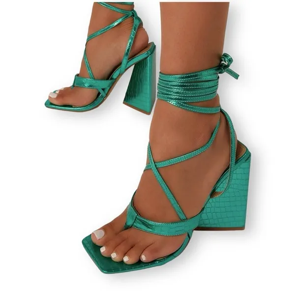 EGO Salma Teal Green Metallic Croc Pyramid Heel Tie Sandals Size 5 - Image 3
