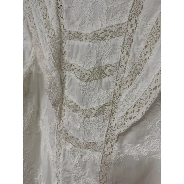 Ultra Pink White Embroidered Lace Victorian Mock Neck Cotton Blouse Top Medium - Image 8