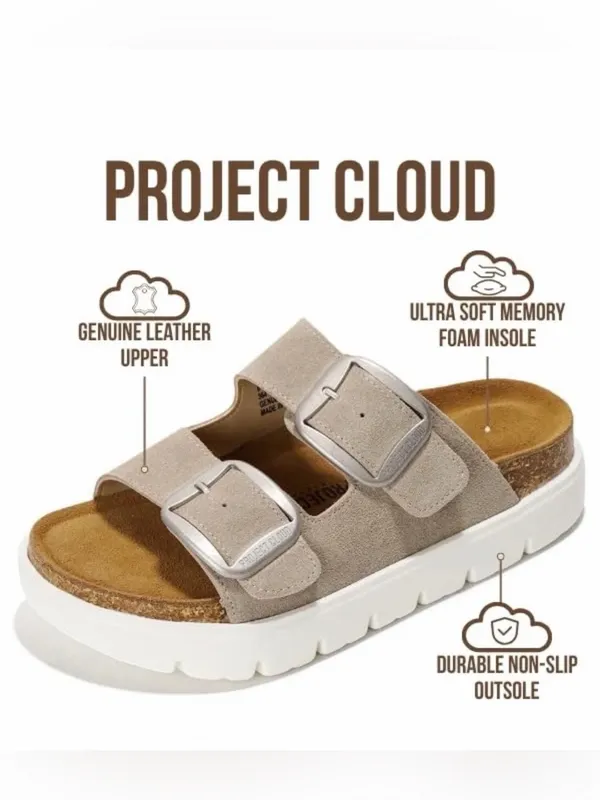 Double-Buckle Slide Sandals in Taupe with Cushioned Footbed - Image 9