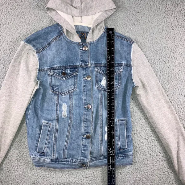 Mixed Media Denim Jacket Women S Blue Distressed Hooded Grunge Punk‎ y2k Stained - Image 4