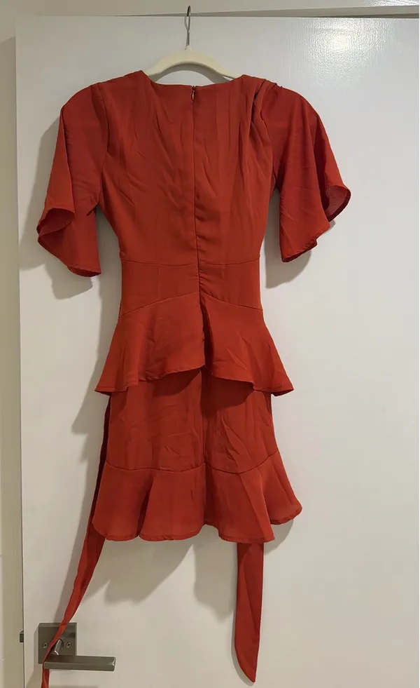 Women's Altar'd State Brick Red Ruffle Tier Tie Belt Mini Dress - Image 2
