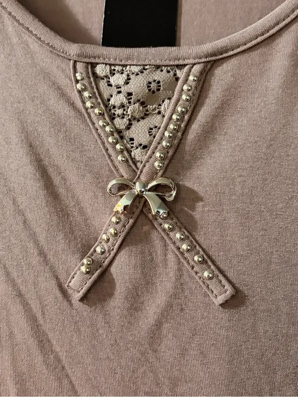 NWT Light Brown Lace Detail Embellished Stretch Knit Top - Image 3