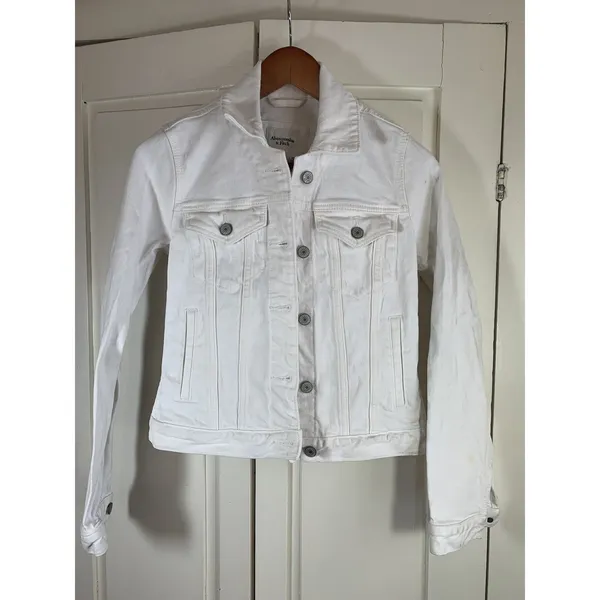 Abercrombie & Fitch White Denim Trucker Jacket Womens XS 144J0317 Stretch Cotton - Image 3