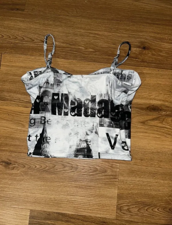 Y2K Liz & Sari’s Newspaper Print Bustier Crop Top Women’s Small Corset - Image 2