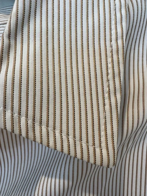 Modern Works Blouse Size L Beige Striped Puff Sleeve Button Front Shirt - Image 3