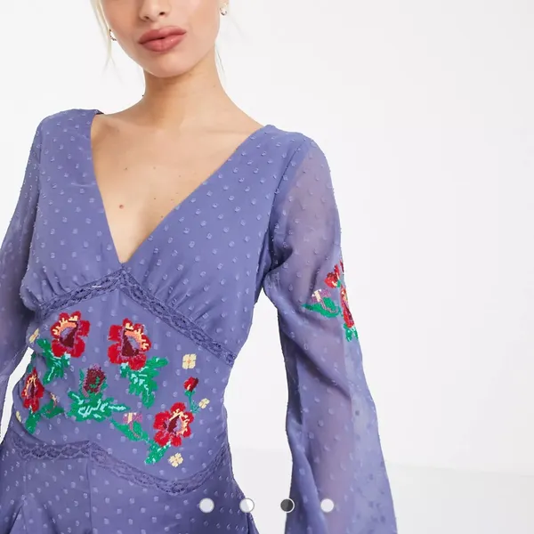 ASOS‎ DESIGN textured embroidered godet skater mini dress with lace trims Size O - Image 5