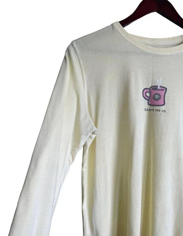 Life is Good Top Women Medium Yellow Coffee Start Me Up Graphic Pullover Cotton - Image 6