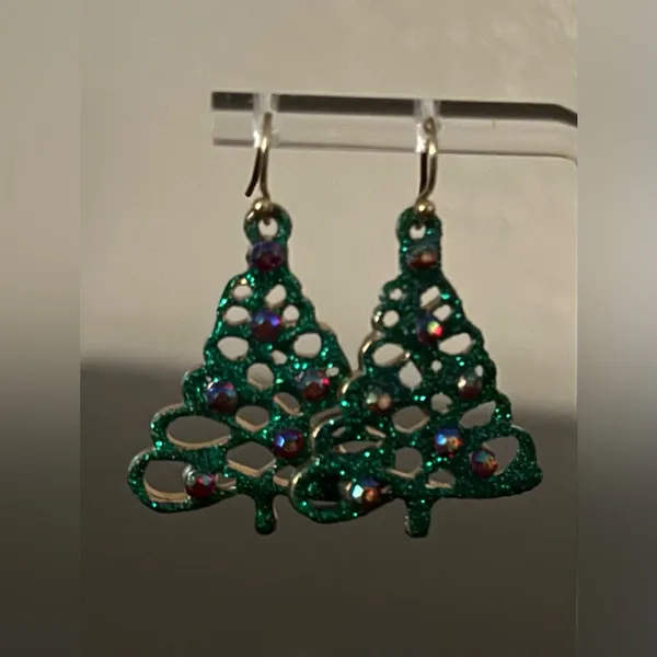 Glitter Christmas Tree Earrings Green Rhinestone Holiday Dangle Jewelry - Image 3