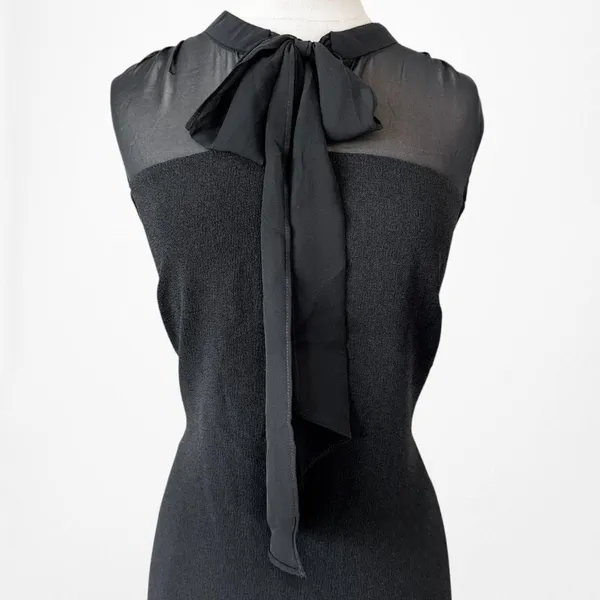 Vintage Y2K Black Sleeveless Bow Tie Knee Length Mesh Bodycon Cocktail Dress M - Image 7