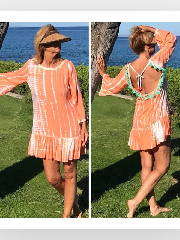 Anthropologie Z&L European Luxury Coral Tie Dye Beach Cover Up with Tassels - Image 4