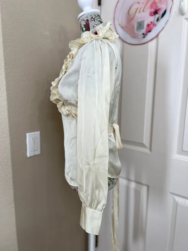 3sixteen silk Cream vintage Ruffle Wrap-Style Blouse size L - Image 4