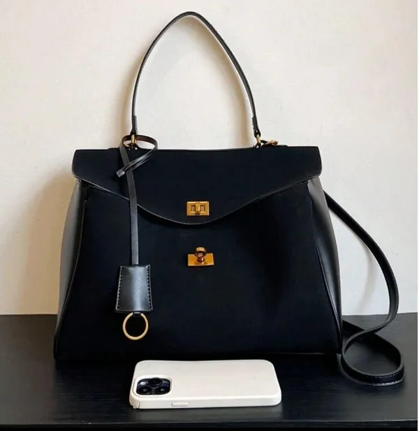 Black faux suede & faux leather contrast tote shoulder bag / handbag purse - Image 3