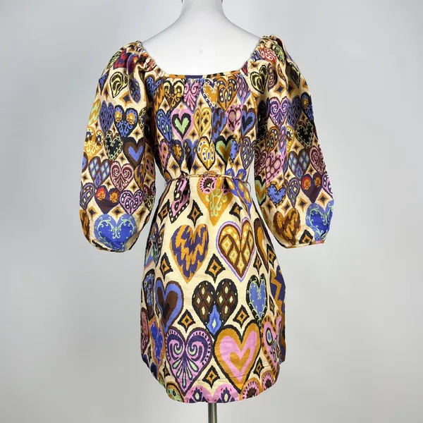 NWOT Farm Rio Hearts Ikat Cream Long-Sleeve Mini Dress Size M - Image 5