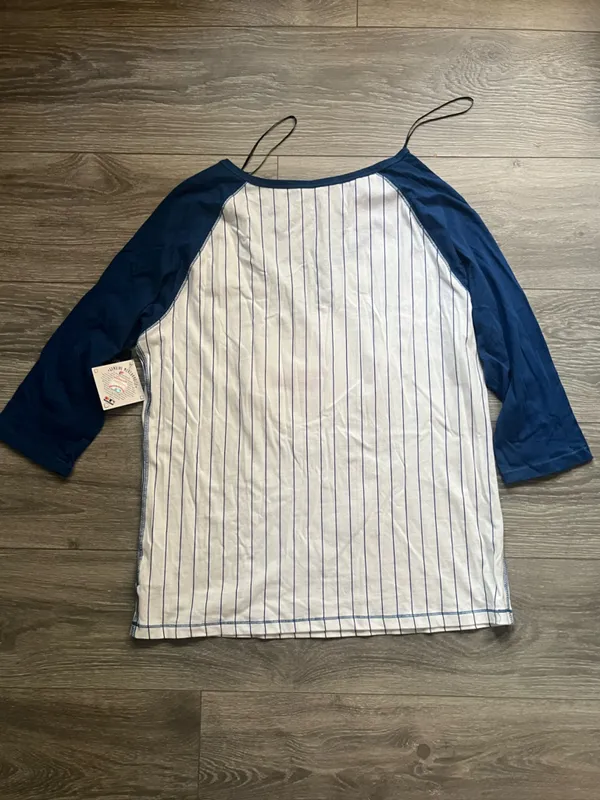 5th & Ocean White Blue Pinstripes Sequin Chicago Cubs Baseball Tee V Neck XL Top - Image 2