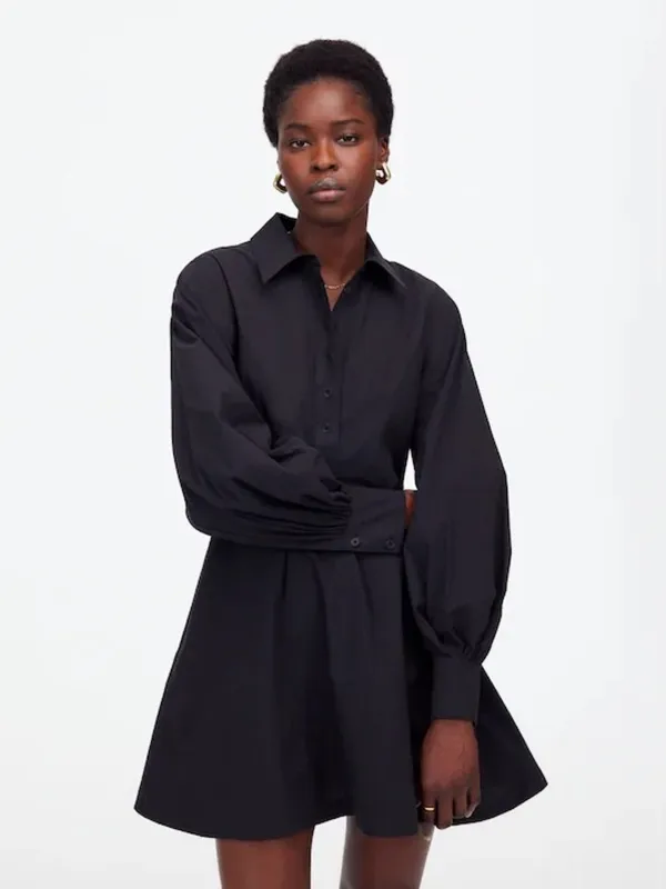 NWT Madewell Cotton Poplin Mini Shirt Dress Black Balloon Sleeve Size 2 - Image 2