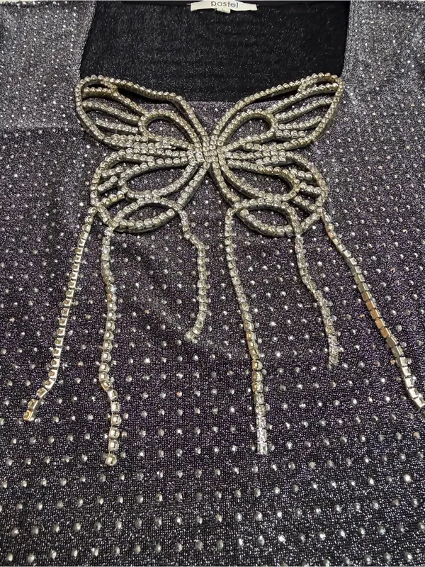 Pastel Rhinestone Butterfly Glitter Long Sleeve Evening Top size L - Image 5